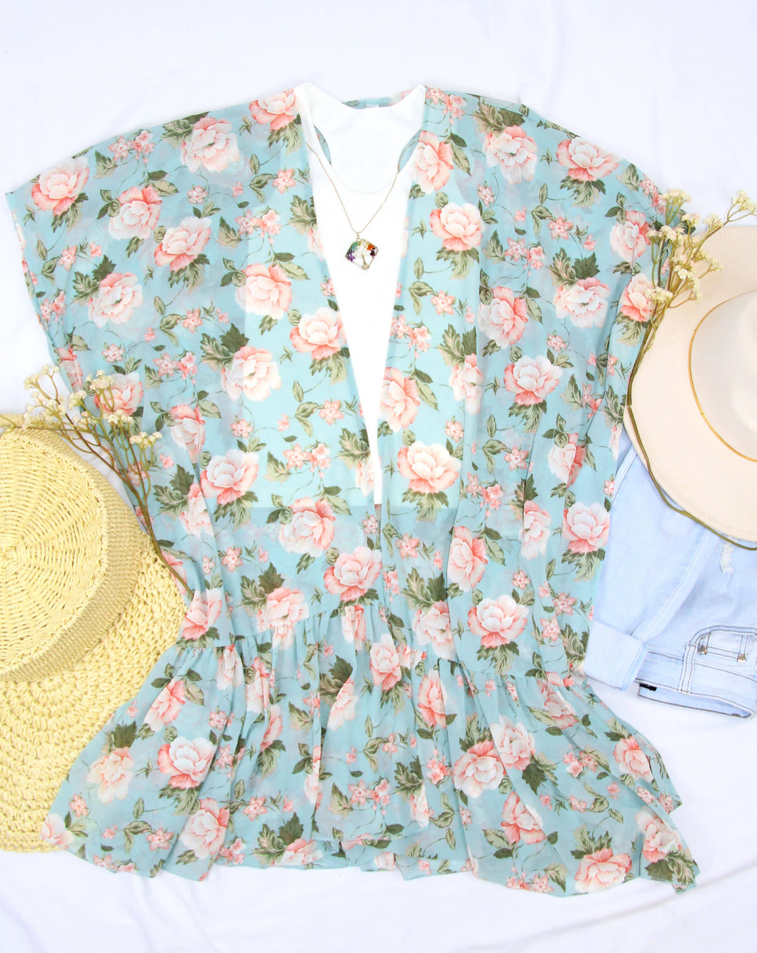 Minty Falls | Floral Ruffle Kimono