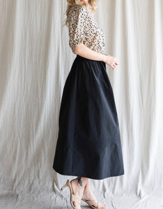 Black Solid Flare Mid Calf A - Lined Skirt
