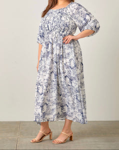 Plus Blue and White Pleated Floral Dress