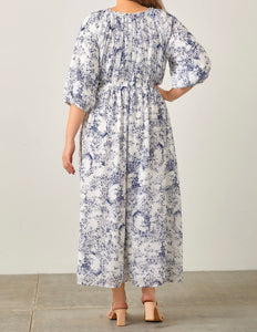 Plus Blue and White Pleated Floral Dress