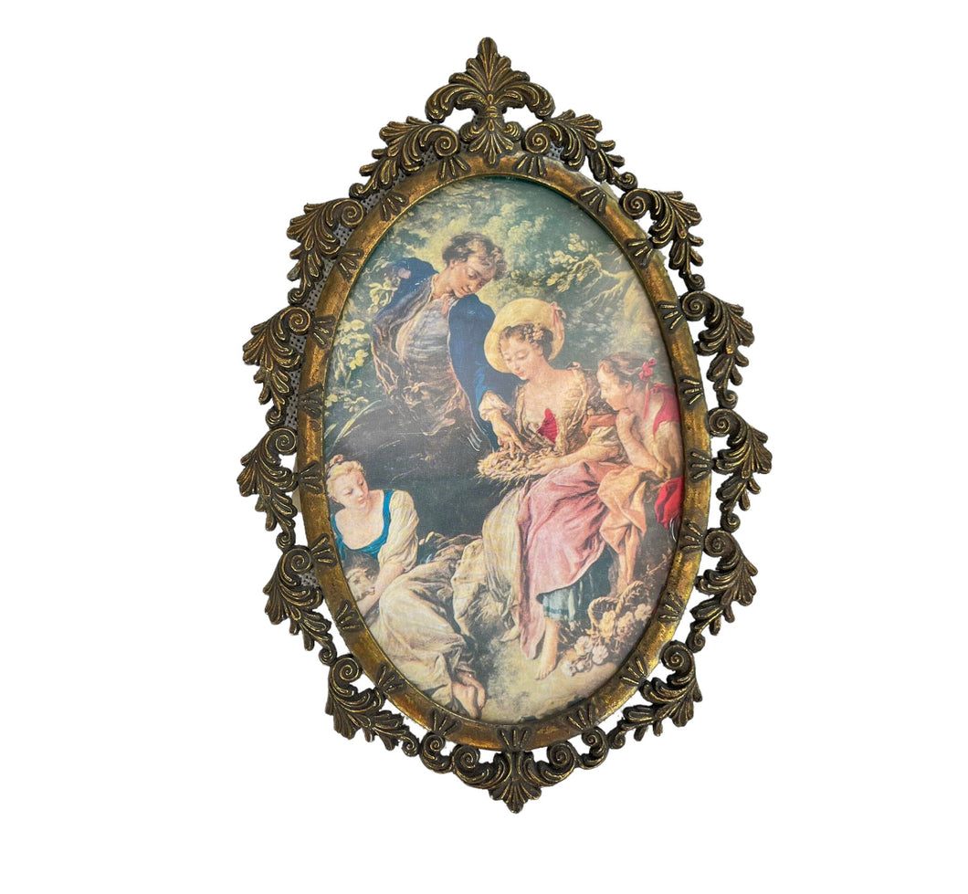 Vintage Italian Courting Print in Ornate Gold Metal Frame