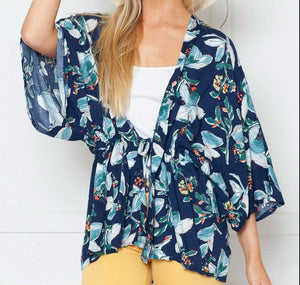 Rebecca Rain | Pull String Wrap Kimono Cover-Up: Navy