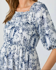 Blue and White Pleated Floral Dress