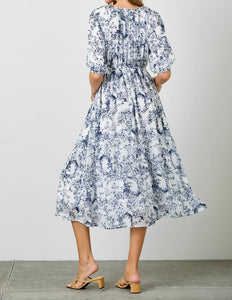 Blue and White Pleated Floral Dress