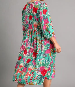 Plus Floral Print V-Neck Midi Dress