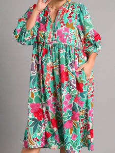 Plus Floral Print V-Neck Midi Dress