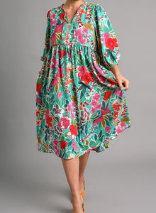 Plus Floral Print V-Neck Midi Dress