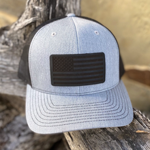 Load image into Gallery viewer, American Flag Black Leather Patch Hat: Heather grey / black